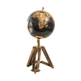 Antik fekete alapszínű, 16 cm átmérőjű és 26 cm magas, vintage stílusú földgömb, fémmel megerősített fa lábakon..